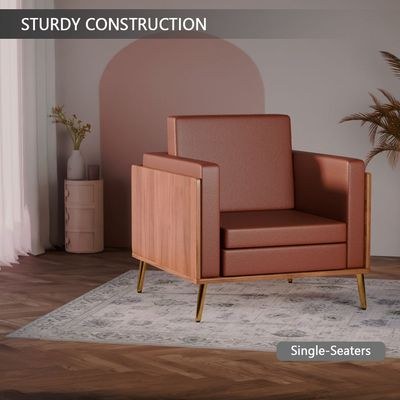 Mahmayi KD 3326 Stylish Single Seat Natural Dijon Walnut Wooden Sofa with Golden Legs and Comfortable PU Cushion, Durable and Space Saving Design, Ideal for Home, Office, Living Room and Lounge Area - Brown - Image 4