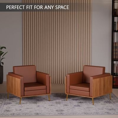 Mahmayi KD 3326 Stylish Single Seat Natural Dijon Walnut Wooden Sofa with Golden Legs and Comfortable PU Cushion, Durable and Space Saving Design, Ideal for Home, Office, Living Room and Lounge Area - Brown - Image 5