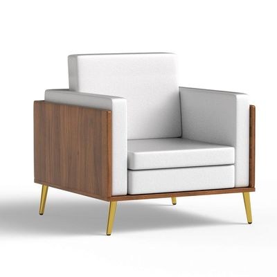 Mahmayi KD 3326 Stylish Single Seat Natural Dijon Walnut Wooden Sofa with Golden Legs and Comfortable PU Cushion, Durable and Space Saving Design, Ideal for Home, Office, Living Room and Lounge Area - White - Image 2