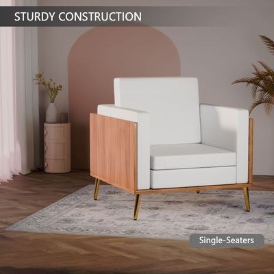 Mahmayi KD 3326 Stylish Single Seat Natural Dijon Walnut Wooden Sofa with Golden Legs and Comfortable PU Cushion, Durable and Space Saving Design, Ideal for Home, Office, Living Room and Lounge Area - White - Image 4