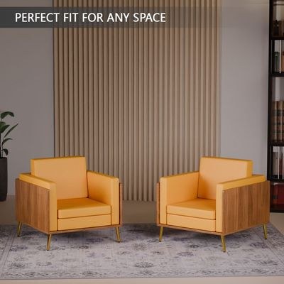 Mahmayi KD 3326 Stylish Single Seat Natural Dijon Walnut Wooden Sofa with Golden Legs and Comfortable PU Cushion, Durable and Space Saving Design, Ideal for Home, Office, Living Room and Lounge Area - Yellow - Image 5