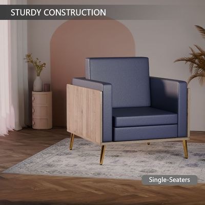Mahmayi KD 3326 Stylish Single Seat Truffle Davos Oak Wooden Sofa with Golden Legs and Comfortable PU Cushion, Durable and Space Saving Design, Ideal for Home, Office, Living Room and Lounge Area - Blue - Image 4