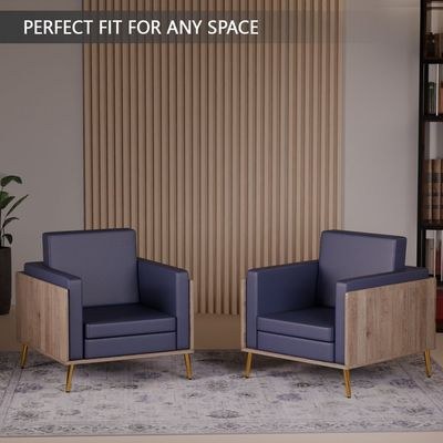 Mahmayi KD 3326 Stylish Single Seat Truffle Davos Oak Wooden Sofa with Golden Legs and Comfortable PU Cushion, Durable and Space Saving Design, Ideal for Home, Office, Living Room and Lounge Area - Blue - Image 5
