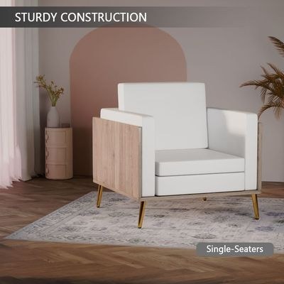 Mahmayi KD 3326 Stylish Single Seat Truffle Davos Oak Wooden Sofa with Golden Legs and Comfortable PU Cushion, Durable and Space Saving Design, Ideal for Home, Office, Living Room and Lounge Area - White - Image 4