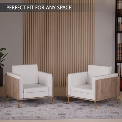 Mahmayi KD 3326 Stylish Single Seat Truffle Davos Oak Wooden Sofa with Golden Legs and Comfortable PU Cushion, Durable and Space Saving Design, Ideal for Home, Office, Living Room and Lounge Area - White - Image 5