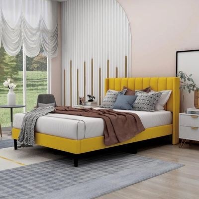 Modern Rectangular Velvet Upholstery Bed with Soft Wingback Headboard Queen