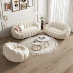 Living room Sofa Set 3+2+1 Trendy Pumpkin Design - Boucle Upholstery - Off White