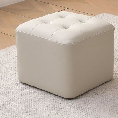 Square Ottoman Faux Leather Multi-Use Stool for Living Room, Bedroom, Entryway（White）