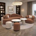Modern Velvet Curved 3+1 Seater Sofa Set with 2 Stools - Wood Frame - High-Quality Foam Filling - Brown and Off White