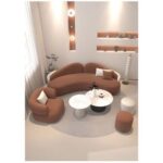 Modern Velvet Curved 3+1 Seater Sofa Set with 2 Stools - Wood Frame - High-Quality Foam Filling - Brown and Off White