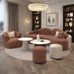 Modern Velvet Curved 3+1 Seater Sofa Set with 2 Stools - Wood Frame - High-Quality Foam Filling - Brown and Off White