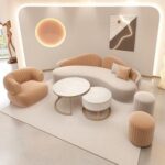 Modern Velvet Curved 3+1 Seater Sofa Set with 2 Stools - Wood Frame - High-Quality Foam Filling - Orange and Light Gray