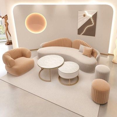 Modern Velvet Curved 3+1 Seater Sofa Set with 2 Stools - Wood Frame - High-Quality Foam Filling - Orange and Light Gray - Image 2