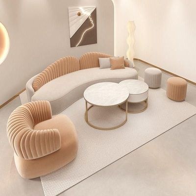 Modern Velvet Curved 3+1 Seater Sofa Set with 2 Stools - Wood Frame - High-Quality Foam Filling - Orange and Light Gray - Image 4