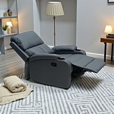SBF Single Seater PU Leather Manual Recliner with Cup Holders - Modern Design, Ultimate Comfort, One-Seat Relaxing Chair, Ideal Living Room Furniture For Home Relaxation Experience, Grey - Image 4