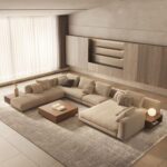 Modern U-Shaped Modular Sectional Sofa in Neutral Tones Fabric with Wooden Accents - Left Side