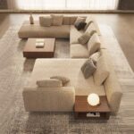 Modern U-Shaped Modular Sectional Sofa in Neutral Tones Fabric with Wooden Accents - Left Side