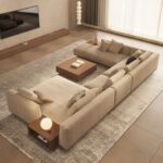 Modern U-Shaped Modular Sectional Sofa in Neutral Tones Fabric with Wooden Accents - Left Side