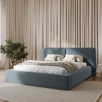 MAPLEHOME Beds Frame Platform Upholstered Bed,Light Blue Velvet Minimalist,Queen Size Bed 160*200,With Free Installation