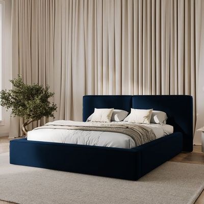 MAPLEHOME Beds Frame Platform Upholstered Bed,Dark Blue Velvet Minimalist,King Size Bed 180*200,With Free Installation