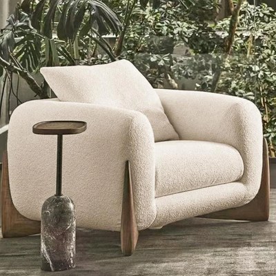 Luxury Living Room Single Sofa in Plush Fleece and Wooden Accents - Off White - 110 cm