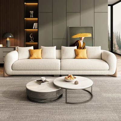 Luxury Living Room 2-Seater Sofa in Plush Fleece and Wooden Accents - Off White - 190 cm