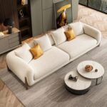 Luxury Living Room Sofa Set – Single and 4-Seater with Ottoman in Plush Fleece and Wooden Accents - Off White