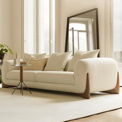 Luxury Living Room 2-Seater Sofa in Plush Fleece and Wooden Accents - Off White - 190 cm - Image 3