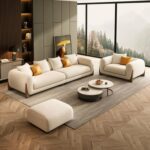 Luxury Living Room Sofa Set – Single and 4-Seater with Ottoman in Plush Fleece and Wooden Accents - Off White