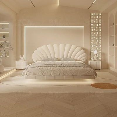 Modern Shell-Style Floating Bed with LED Lighting – Beige Velvet Upholstered Frame – Elegant Curved Headboard – Luxury Contemporary Bedroom Furniture – Super King Size Bed 200 × 200