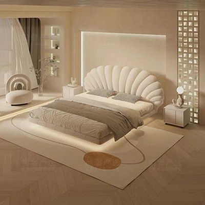 Modern Shell-Style Floating Bed with LED Lighting – Beige Velvet Upholstered Frame – Elegant Curved Headboard – Luxury Contemporary Bedroom Furniture – Super King Size Bed 200 × 200 - Image 2