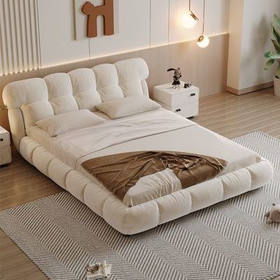 Luxury Tufted Upholstered Bed – Beige Velvet with Plush Padded Design – King Size 180 × 200