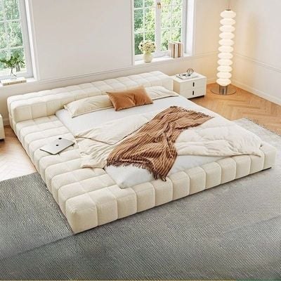 Modern Upholstered Low-Profile Bed – Boucle Fabric – Off White – King Size 180 × 200