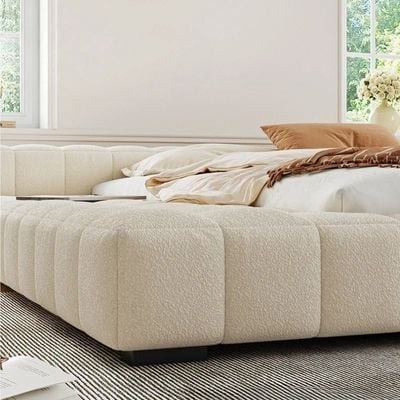 Modern Upholstered Low-Profile Bed – Boucle Fabric – Off White – King Size 180 × 200 - Image 3