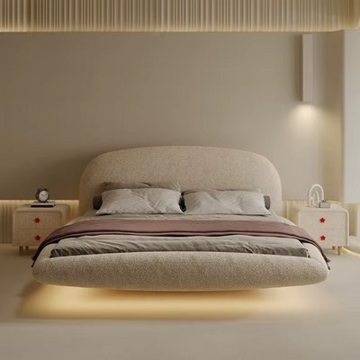 Modern Floating LED Upholstered Bed – Curved Minimalist Design – Beige Bouclé Fabric – Luxury Contemporary Bedroom Furniture - Queen Size 150 × 200