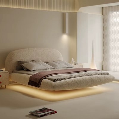 Modern Floating LED Upholstered Bed – Curved Minimalist Design – Beige Bouclé Fabric – Luxury Contemporary Bedroom Furniture - Queen Size 150 × 200 - Image 2
