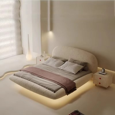 Modern Floating LED Upholstered Bed – Curved Minimalist Design – Beige Bouclé Fabric – Luxury Contemporary Bedroom Furniture - Queen Size 150 × 200 - Image 3