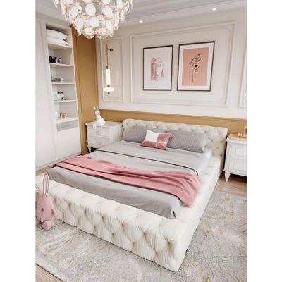 Minimalist Luxury Upholstered Bed Frame – Soft Tufted Platform Bed Design – Soft Velvet – White – King Size