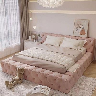 Minimalist Luxury Upholstered Bed Frame – Soft Tufted Platform Bed Design – Soft Velvet – Light Pink – King Size