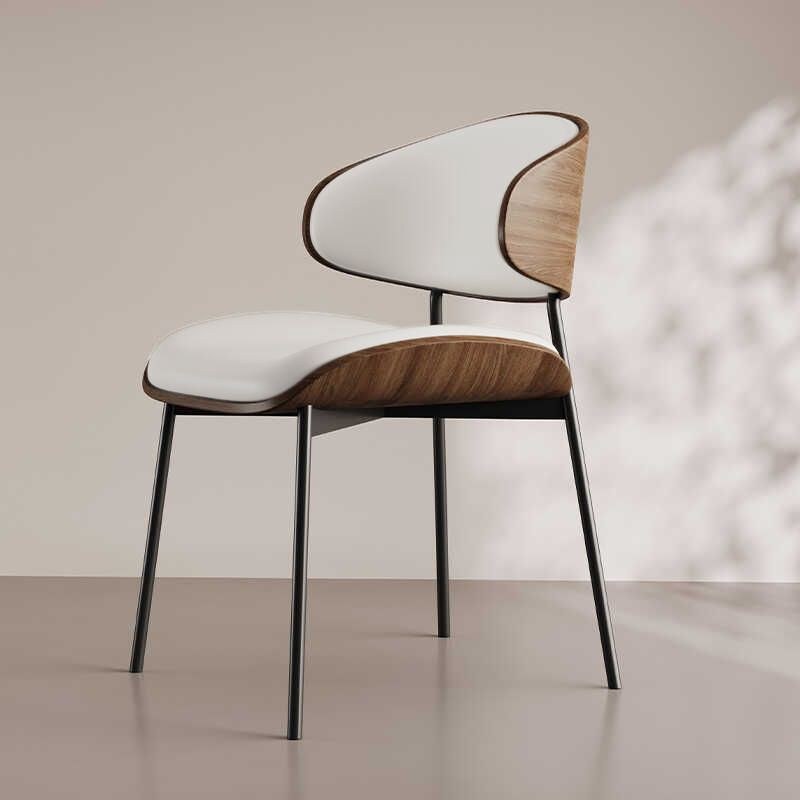 Maple Home Dining Chair,Leather Seat&Back,Wooden Patten,Black Metal Legs,Off-White