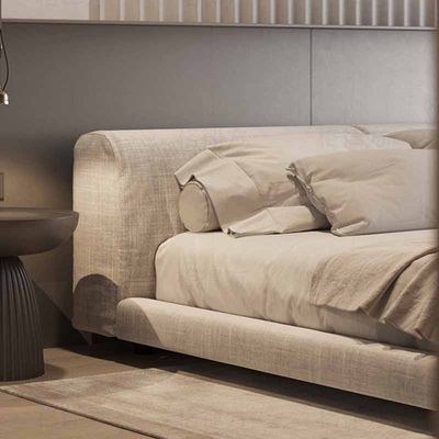 Modern Linen Upholstered Bed Frame – Low Profile Platform Bed with Wide Padded Headboard – Contemporary Minimalist Bedroom Furniture – Queen Size 150 x 200 cm - Image 4