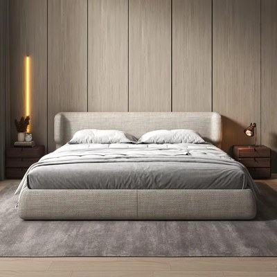 Modern Linen Upholstered Bed Frame – Low Profile Platform Bed with Wide Padded Headboard – Contemporary Minimalist Bedroom Furniture – Beige – King Size 180 × 200