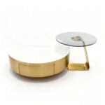 Maple Home Nesting Coffee Table Set,90cm&55cm Drawer White Marble Pattern&Tempered Glass Top,Gold Stainless Steel Frame Living Room Furniture