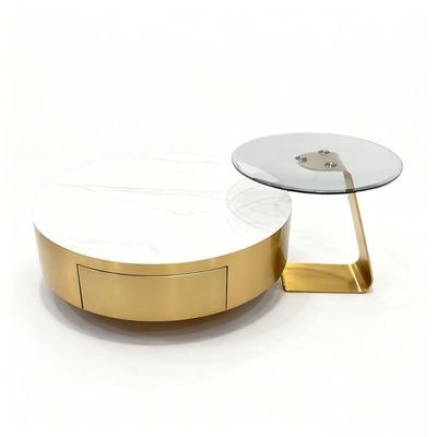 Maple Home Nesting Coffee Table Set,90cm&55cm Drawer White Marble Pattern&Tempered Glass Top,Gold Stainless Steel Frame Living Room Furniture