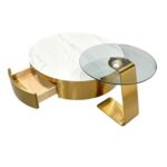 Maple Home Nesting Coffee Table Set,90cm&55cm Drawer White Marble Pattern&Tempered Glass Top,Gold Stainless Steel Frame Living Room Furniture