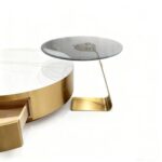 Maple Home Nesting Coffee Table Set,90cm&55cm Drawer White Marble Pattern&Tempered Glass Top,Gold Stainless Steel Frame Living Room Furniture