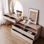 Modern LED Vanity Table Set with Storage Drawers, Open Shelves & Upholstered Stool – Cream Finish Makeup Desk with Round Mirror – Minimalist Dressing Table for Bedroom or Beauty Room