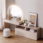 Modern LED Vanity Table Set with Storage Drawers, Open Shelves & Upholstered Stool – Cream Finish Makeup Desk with Round Mirror – Minimalist Dressing Table for Bedroom or Beauty Room