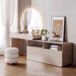 Modern LED Vanity Table Set with Storage Drawers, Open Shelves & Upholstered Stool – Cream Finish Makeup Desk with Round Mirror – Minimalist Dressing Table for Bedroom or Beauty Room