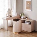 Modern LED Vanity Table Set with Storage Drawers, Open Shelves & Upholstered Stool – Cream Finish Makeup Desk with Cloud Mirror – Minimalist Dressing Table for Bedroom or Beauty Room
